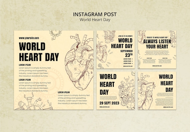 Бесплатный PSD Коллекция постов в instagram для информирования о всемирном дне сердца