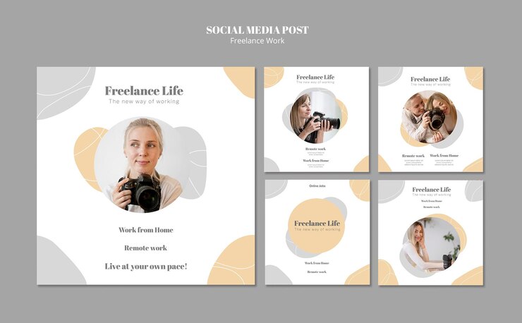 Бесплатный PSD коллекция постов в instagram для внештатной работы с женщиной-фотографом