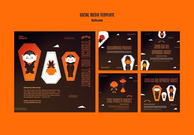 Free PSD instagram posts collection for halloween with vampire in coffin