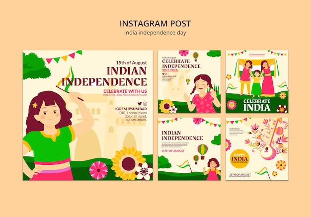 PSD gratuito raccolta di post su instagram per la celebrazione del giorno dell'indipendenza dell'india