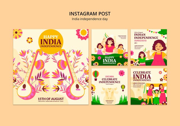 PSD gratuito raccolta di post su instagram per la celebrazione del giorno dell'indipendenza dell'india