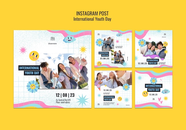 PSD gratuito raccolta di post su instagram per la celebrazione della giornata internazionale della gioventù