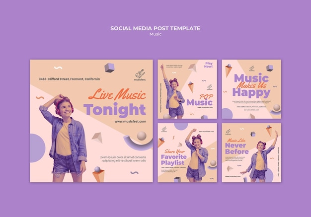 Free PSD instagram posts collection for music with woman using headphones and dancing