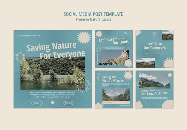 PSD gratuito raccolta di post di instagram per la conservazione della natura con il paesaggio