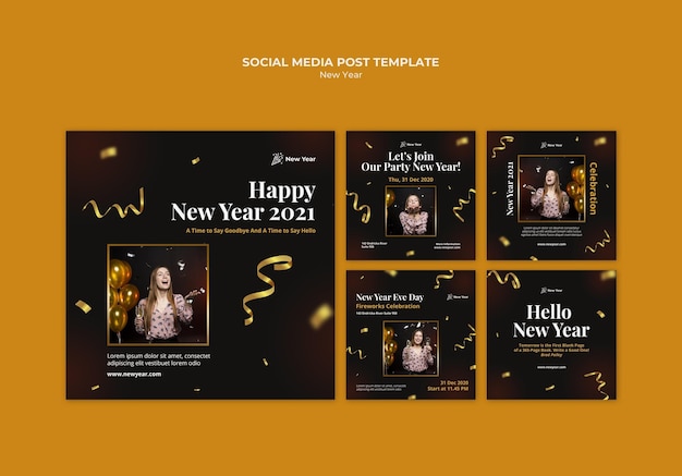 Instagram posts collection for new year party with woman and confetti
