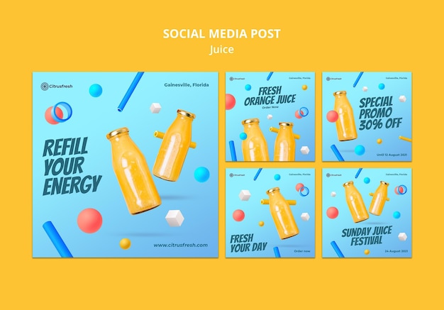 Instagram posts collection for refreshing orange juice in glass bottles