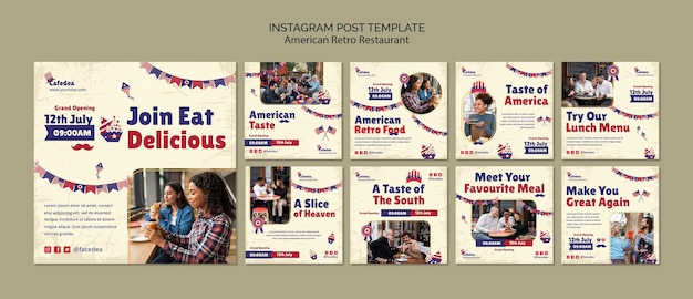 Free PSD instagram posts collection for retro american restaurant