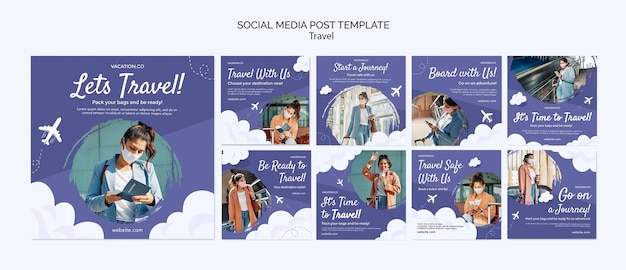 Free PSD instagram posts collection for travel with woman wearing face mask