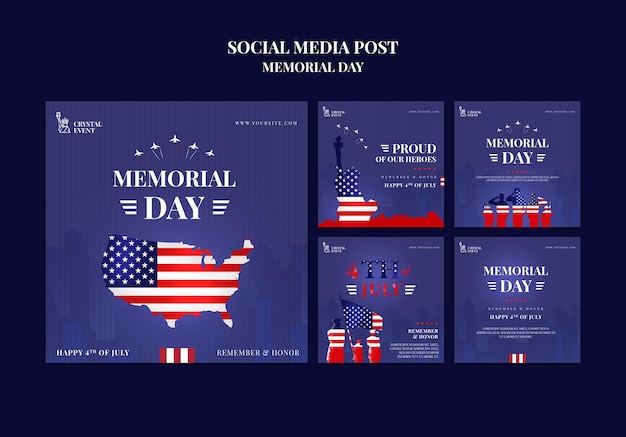 PSD gratuito raccolta di post su instagram per il memorial day degli stati uniti