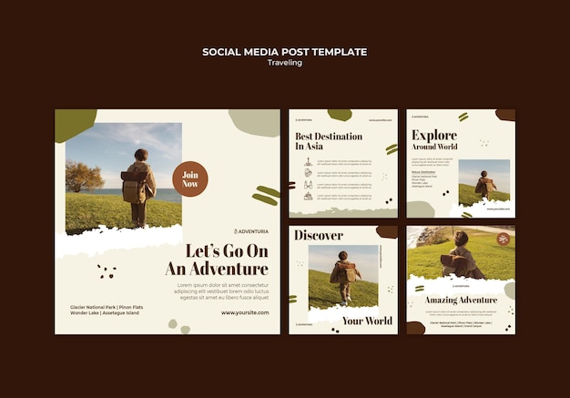 Instagram posts collection with backpacking traveling child