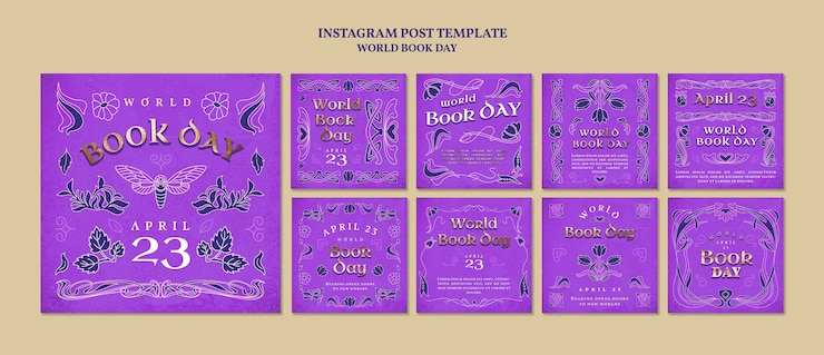 Бесплатный PSD коллекция постов в instagram для празднования всемирного дня книги