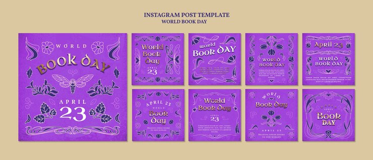 Бесплатный PSD коллекция постов в instagram для празднования всемирного дня книги