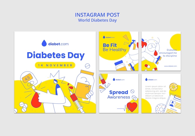 PSD gratuito raccolta di post di instagram per la celebrazione della giornata mondiale del diabete