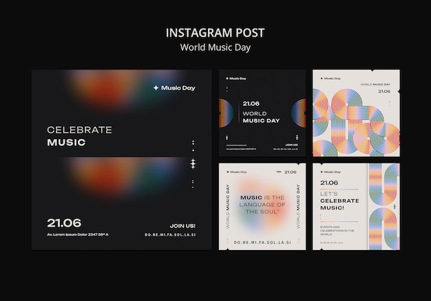PSD gratuito raccolta di post su instagram per la celebrazione della giornata mondiale della musica