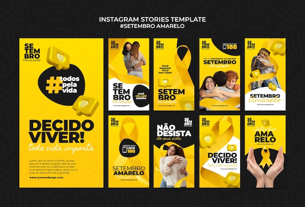 PSD gratuito collezione di storie instagram per la campagna di consapevolezza sulla prevenzione del suicidio in brasile