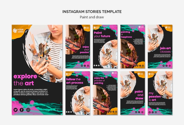 PSD gratuito raccolta di storie di instagram per artisti di disegno e pittura