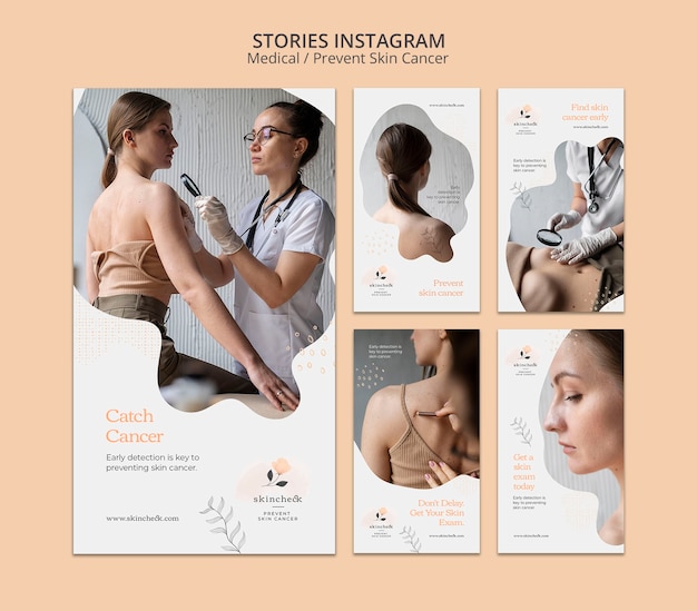Бесплатный PSD Коллекция историй из instagram для профилактики рака кожи