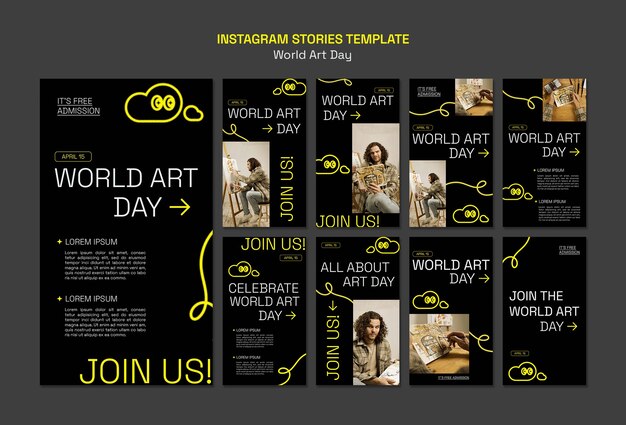 Бесплатный PSD Сборник историй из инстаграма к празднованию всемирного дня искусства