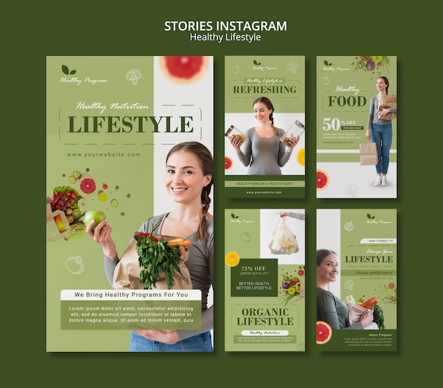 Instagram stories collection for healthy lifestyle with woman