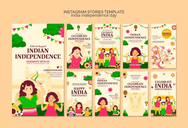 PSD gratuito raccolta di storie di instagram per la celebrazione del giorno dell'indipendenza dell'india