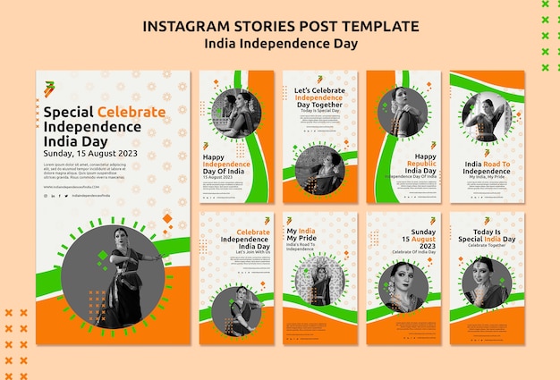 PSD gratuito raccolta di storie di instagram per la celebrazione del giorno dell'indipendenza dell'india