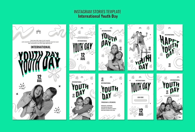 PSD gratuito raccolta di storie di instagram per la celebrazione della giornata internazionale della gioventù