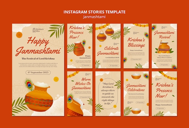 PSD gratuito raccolta di storie di instagram per la celebrazione di janmashtami