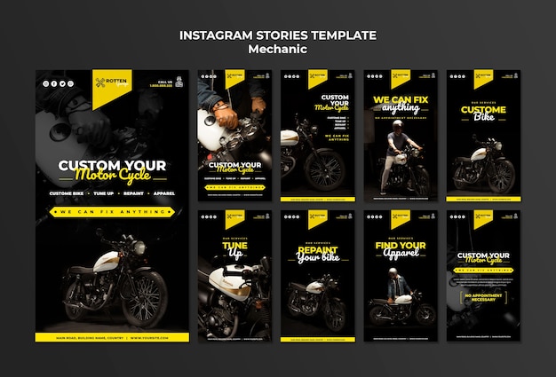 PSD gratuito raccolta di storie instagram per officina riparazioni moto