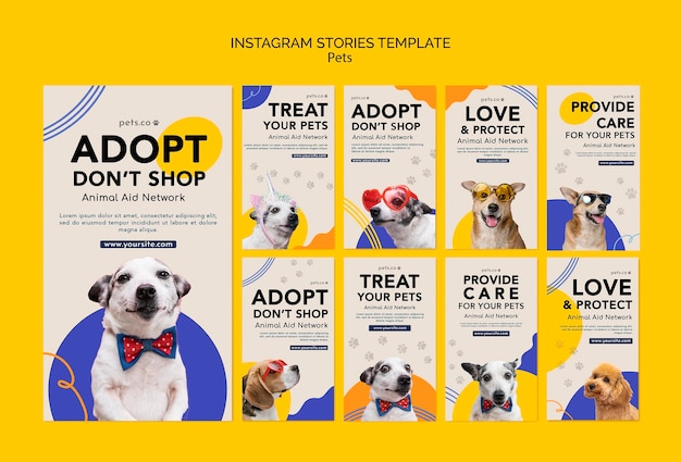 PSD gratuito raccolta di storie su instagram per l'adozione di animali domestici con cane