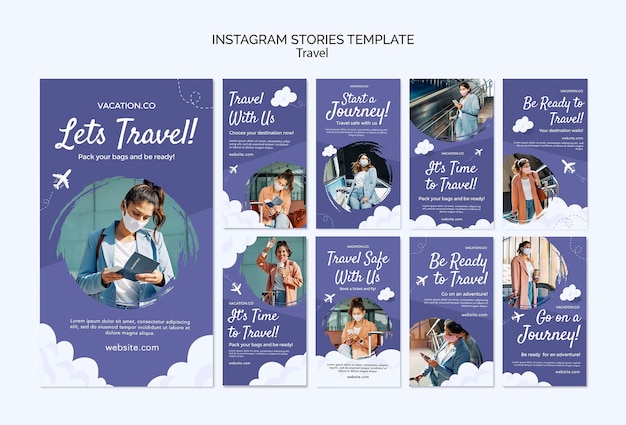 Free PSD instagram stories collection for travel with woman wearing face mask