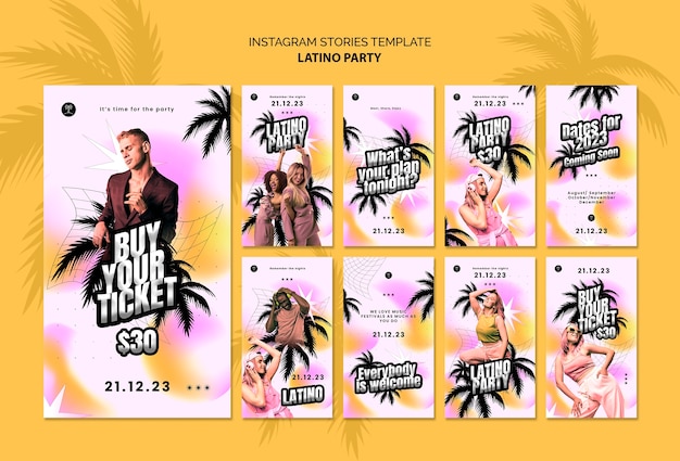 PSD gratuito collezione di storie instagram per una festa a tema latino tropicale