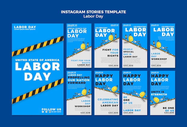 PSD gratuito raccolta di storie di instagram per la celebrazione della festa dei lavoratori