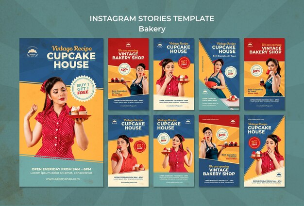instagram stories collection for vintage bakery shop with woman