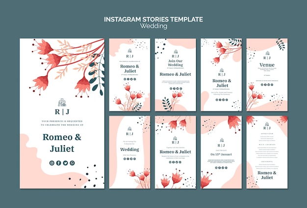 PSD gratuito raccolta di storie di instagram per matrimoni con fiori