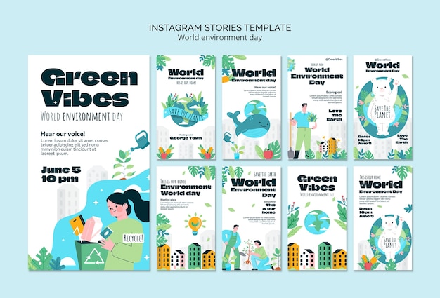 PSD gratuito raccolta di storie di instagram per la celebrazione della giornata mondiale dell'ambiente