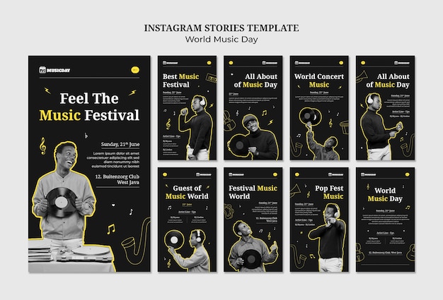 PSD gratuito raccolta di storie di instagram per la celebrazione della giornata mondiale della musica