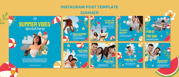 Бесплатный PSD Коллекция летних постов в instagram с пляжным мячом и арбузом