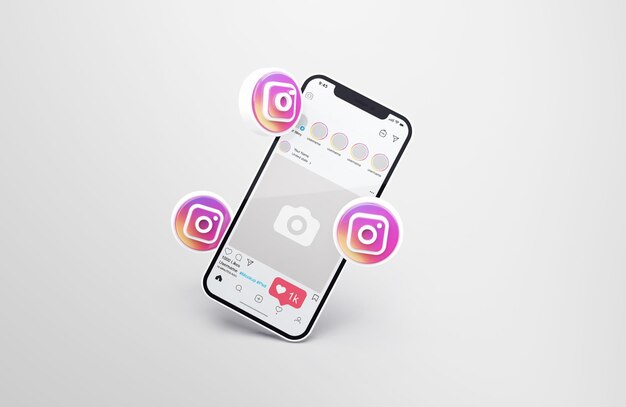 Instagram on white mobile phone mockup with 3d icons