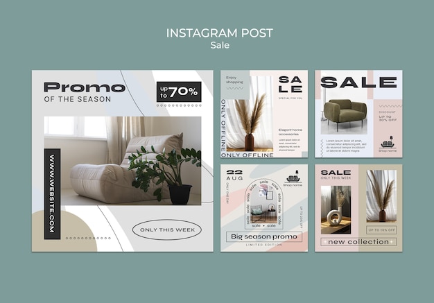 PSD gratuito collezione di post di instagram di vendita di arredamento d'interni