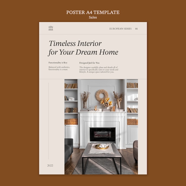 Free PSD interior decor sales vertical poster template with furniture