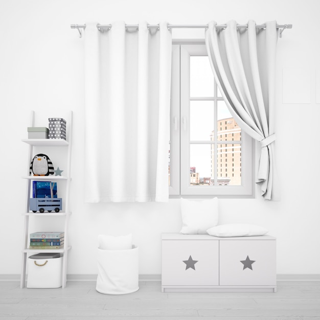 Interior decoration, window and white furniture with children's toys