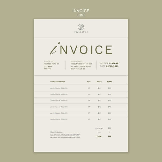 無料PSD インテリアデザインとホームスタイルの請求書テンプレート