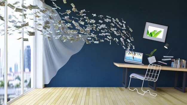 Download Premium PSD | Interior design mockup with money flying into laptop