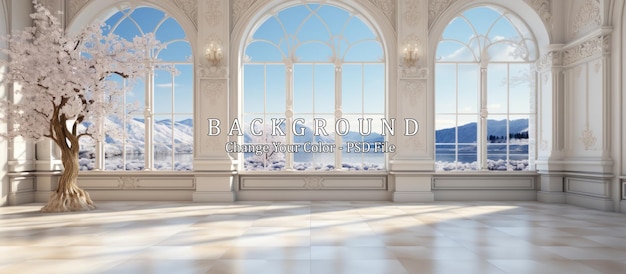 Free PSD interior with large windows and snow covered mountains