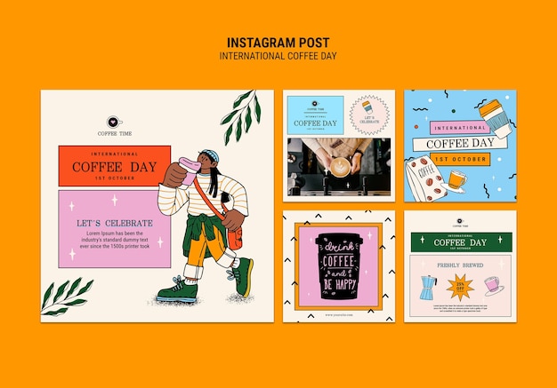 PSD gratuito raccolta di post instagram per la giornata internazionale del caffè