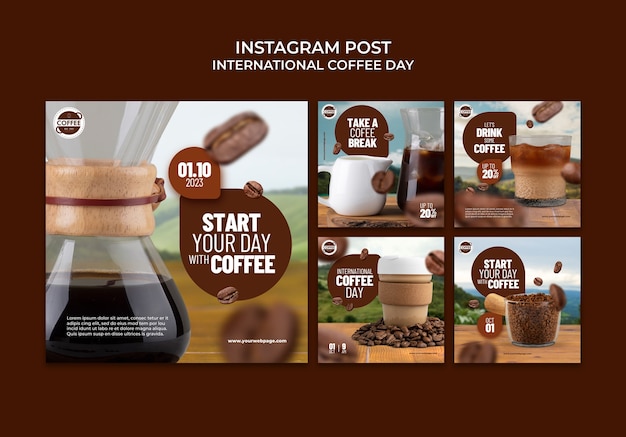 Бесплатный PSD Посты в instagram о международном дне кофе