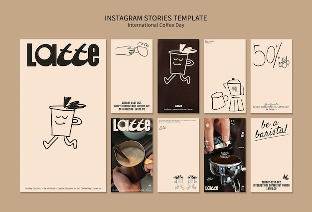 PSD gratuito storie di instagram per la giornata internazionale del caffè