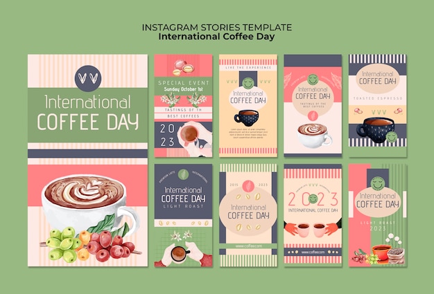 PSD gratuito storie di instagram per la giornata internazionale del caffè