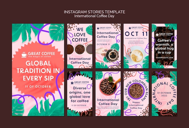 PSD gratuito storie di instagram per la giornata internazionale del caffè