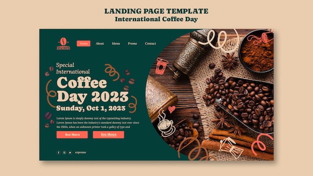 PSD gratuito modello di pagina di destinazione della giornata internazionale del caffè